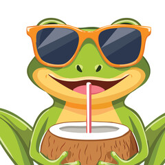 Happy Green Frog Mascot Enjoying a Summer Drink