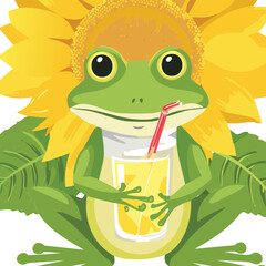 Happy Frog with a Drink and a Sunflower