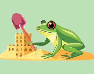 Happy Frog with a Drink and a Shovel on a Beach