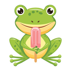 Cute Frog Sits Happily Eating a Strawberry Popsicle