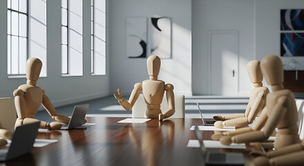Wooden mannequins seated in a modern conference room, engaged in a business discussion around a long table with laptops and notebooks visible
