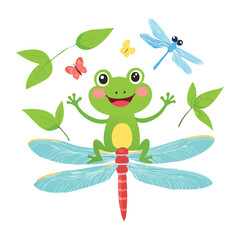 Funny Frog Mascot with Dragonfly Wings and Butterflies

