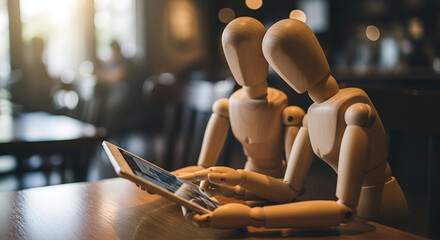 Two wooden mannequins interacting with a tablet device in a cozy café setting, showcasing modern technology and creativity in human-like poses