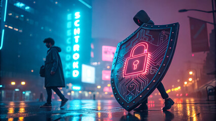 Cybersecurity shield in a futuristic city protects against digital threats