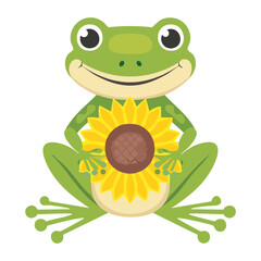 A smiling cartoon frog character with big yellow sunflower