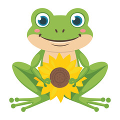 Funny little frog character with a huge sunflower in hand