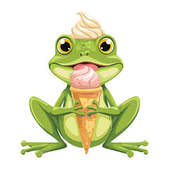 Happy green frog enjoying a delicious swirl ice cream cone