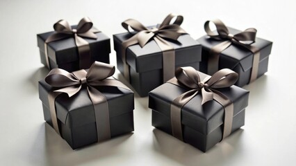 Obraz premium Elegant dark-colored gift boxes adorned with taupe ribbons, arranged on a neutral surface, ready for presentation