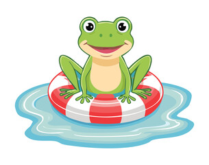 Happy Frog Mascot Floating in an Inner Tube with a Smile