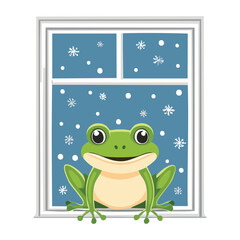 Smiling green frog looking through a window on winter day