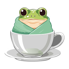Cute frog wrapped in a warm blanket inside cup