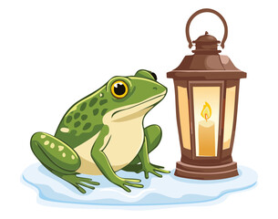 green frogs sitting together with a decorative lamp