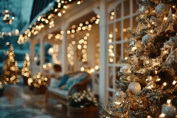 Cozy winter evening with festive decorations in a charming outdoor space