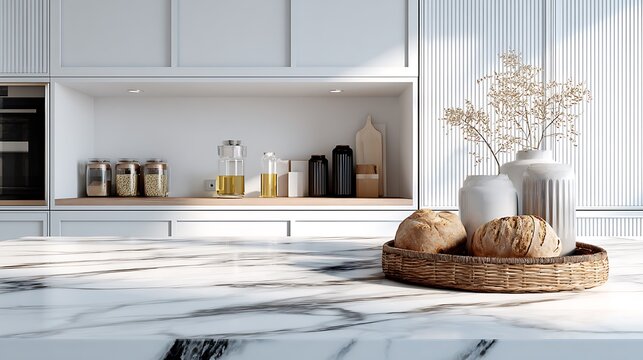 Close up of a marble table top in a white modern kitchen with built in cabinets and a counter. Interior of a showcase cooking room mockup. Generative AI.