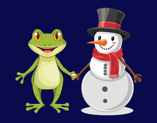 Happy frog and a snowman wearing festive top hats