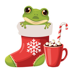  Cheerful frog character in a Christmas stocking with candy