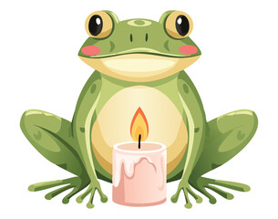 Smiling frog sitting with a burning candle flame
