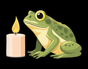 A realistic depiction of a green frog sitting next to a burning candle in a serene and moody dark environment