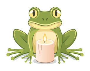 A charming green frog sits gracefully beside a glowing candle, an ideal illustration for relaxation, mindfulness, and tranquility
