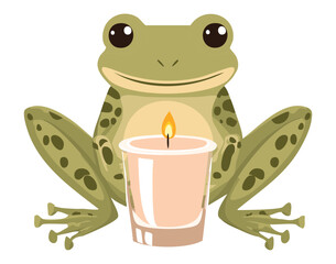 A cheerful frog sits calmly next to a lit white candle, creating a cozy and whimsical scene for a greeting card
