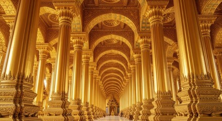 Fototapeta premium Grand golden hall with ornate pillars and vaulted ceilings
