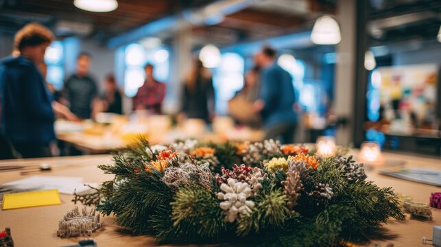 Focused view on a partially assembled advent wreath with 3D printed parts set against a softly blurred backdrop of diverse community members collaborating in a shared creative - Powered by Adobe