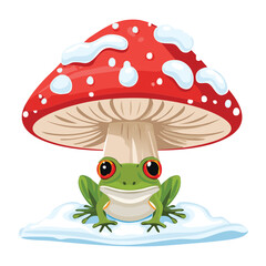 Adorable Little Frog on a Mushroom in Winter Snow