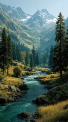 Obraz premium Scenic mountain landscape with river flowing through lush green forest in early morning light