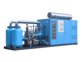 A blue and white industrial machine with a blue tank on the left side