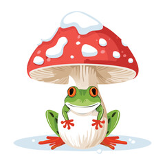 Cheerful Little Frog Sitting on a Snowy Mushroom