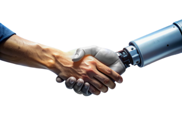Human and machine shaking hands isolated photo