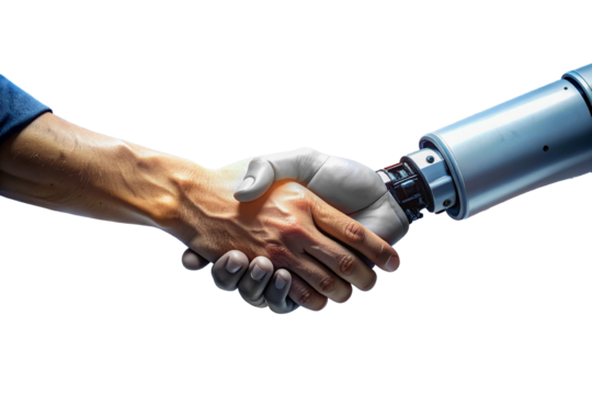 Human and machine shaking hands isolated photo