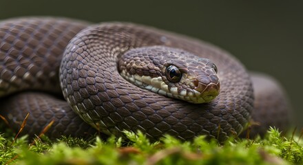 Obraz premium A brown snake with intricate scales coiled defensively on a bed of bright green moss in its natural habitat.