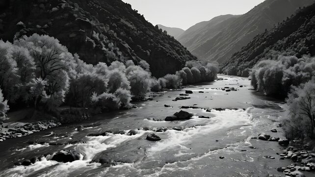 Serene Mountain River in Black and White Landscape Scene