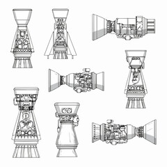 Collection of detailed rocket engine schematics and propulsion system diagrams, showcasing various designs and technical components for space travel technology. © Nadhirotul