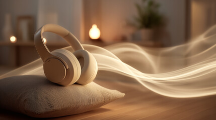 Modern headphones on cushion with flowing sound waves in warm home interior. Audio meditation and sound healing therapy concept for wellness and peaceful relaxation.