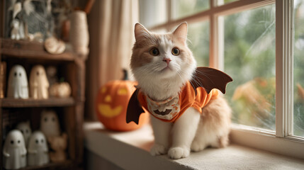 Adorable tabby cat wearing orange Halloween costume sits by window. Cute kitten in festive outfit with pumpkin decorations. Perfect autumn pet portrait for holiday content.
