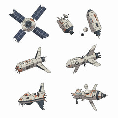 Collection of damaged and derelict space vehicles, including broken satellites, space shuttles, and modules, depicting orbital debris and space junk. © Nadhirotul