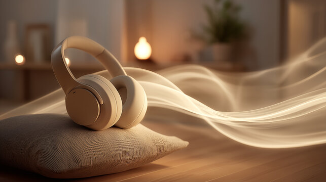 Modern headphones on cushion with flowing sound waves in warm home interior. Audio meditation and sound healing therapy concept for wellness and peaceful relaxation. - Powered by Adobe