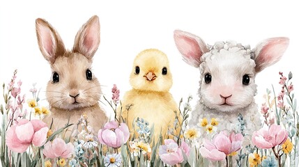 AKWARELOWA ILUSTRACJA: ZAJĄCZEK, JAGNIĘ I KURCZĄTKO W KWIATACH