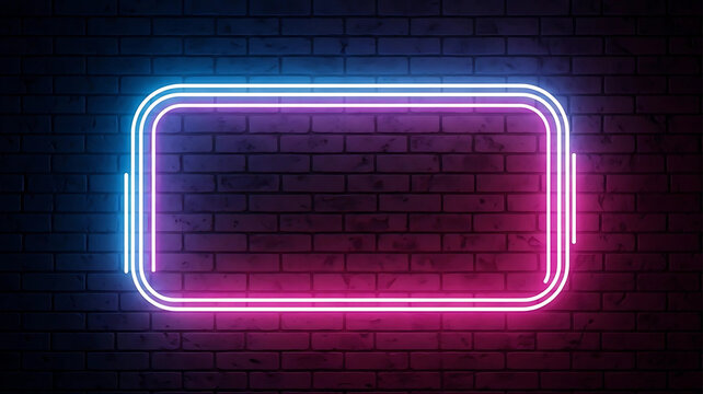 Glowing neon sign with a rectangular frame in vibrant pink and blue colors on a dark brick wall, an abstract background for design projects.