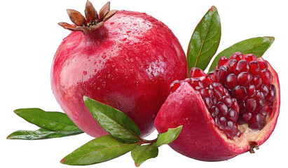 A ripe red pomegranate with a cut half showing seeds and green leaves, isolated on transparent background