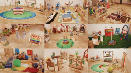 Playroom with Natural Wooden Toys and Learning Resources for Kids