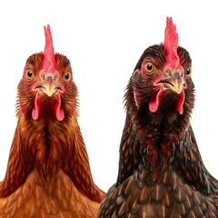 Fototapeta premium An eye-catching image of two farm animals, a pair of chickens, with vibrant red and brown colors.