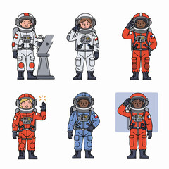 Diverse Set of Astronauts in Various Poses and Suit Colors, Ready for Space Exploration and Missions. Cartoon Vector Illustration.