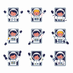 Cute cartoon astronauts waving and smiling from spaceship windows, a diverse collection of space explorers in various poses, perfect for kids' education or space adventure themes.