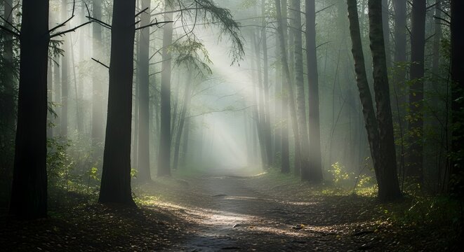 Sunbeams pierce misty forest path, inviting serene exploration journey