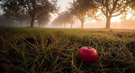 Single red apple rests in misty autumn orchard sunrise grass