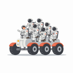 A cheerful crew of astronauts embarking on a space expedition, riding together in a futuristic lunar rover, ready for cosmic exploration and discovery.