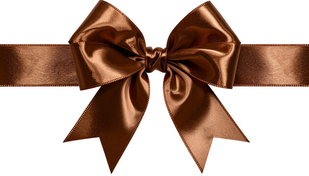 metallic bronze brown silk ribbon bow with long straight strips isolated on transparent background, gift wrap decoration design
